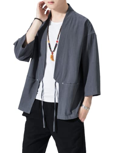 Image of Men's Japanese Kimono Cardigan Loose Cotton Linen 3 /4 Sleeve Open Front Casual Summer Shirt Jackets