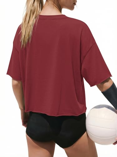 Image of ATHMILE Womens Crop Tops Workout Shirts Gym Oversized Spring Summer Basic Tees Short Sleeve Casual Loose Drop Shoulder 2026