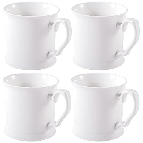 PULCHRITUDIE Fine Porcelain 16 Ounce White Mug Set for Coffee Tea Water Milk, Set of Four Cover