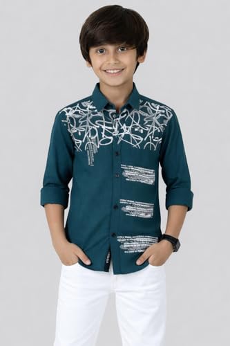Image of Zilcon Boys Half & Half Long Sleeve Shirts Classic Collared Button-Down Tshirt Solid Cotton Letter Printed Kids & Junior Boys Shirt