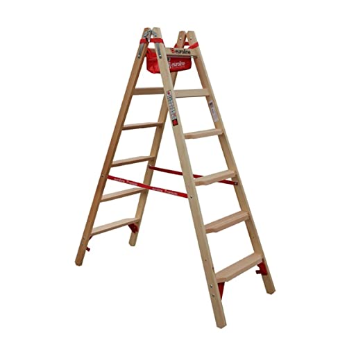 Euroline Holz Comfort-Stufenstehleiter Nr. 10577-2x6 mit Eimerhaken und Werkzeugablagetasche
