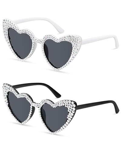 Kanayu 2 Pairs Heart Sunglasses Shiny Rhinestone Sunglasses Bride and Groom Glasses for Bachelorette Party Wedding Honeymoon