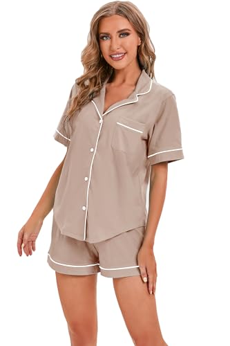 Image of LUBOT 100% Cotton Pajamas for Women 2 Piece PJ Set Button-Down Soft Knit Short Sleeve Summer Sleepwear Loungewear XS-XXL