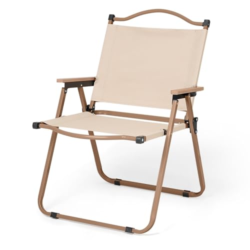 Silla de camping plegable portátil ultraligera con reposabrazos de madera y bolsillos traseros, ideal para playa, picnic, pesca, senderismo, tamaño grande, color beige