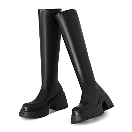 VIMISAOI Womens Chunky Block Platform Boots Fashion Pull On Round Toe Goth Knee High Boots Mid Calf Boots
