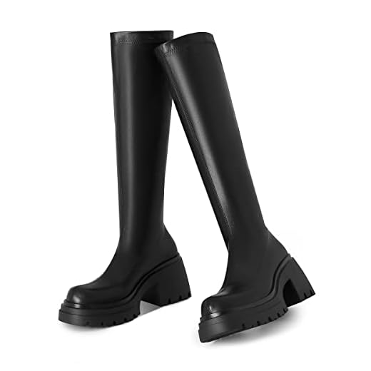 VIMISAOI Womens Chunky Block Platform Boots Fashion Pull On Round Toe Goth Knee High Boots Mid Calf Boots