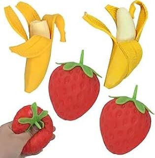JXADVOK Fruit Squishies Toys, Banana and Strawberry Stress Balls, Pack of 4, Sensory Fidget Toys