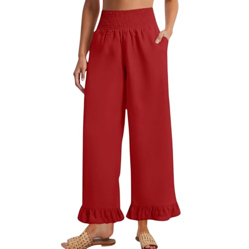 Image of Palazzo Pants for Women Linen Smocked Elastic Waist Ruffle Wide Leg Pants Summer Beach Flowy Boho Pant with Pockets
