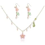 IQIC Pink Flower Necklace Earrings Set for Women Cherry Blossm Floral Pearl Pendant Necklace Pink Flower Dangle Drop Earrings Fairy Statement Wedding Jewelry Set (cherry blossom set)