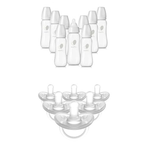 Bundle of Evenflo Balance+ Standard Baby Bottles 9oz, Pack of 9 + Evenflo Feeding Balance Plus Stage 1 Cylindrical Baby, Newborn and Infant Pacifier - 0 to 6 Months - Clear - (Pack of 6)