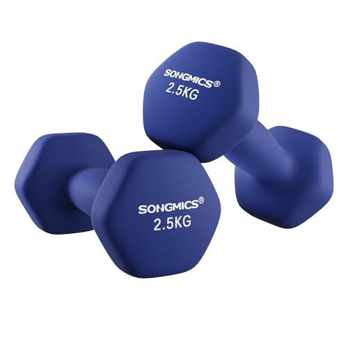SONGMICS SYL65BU - Juego de 2 Mancuernas hexagonales, 2 Pesas de Mano de 2,5 kg con Revestimiento de Neopreno, par de Mancuernas hexagonales, Entrenamiento en casa, Ejercicio de Fitness, Color Azul