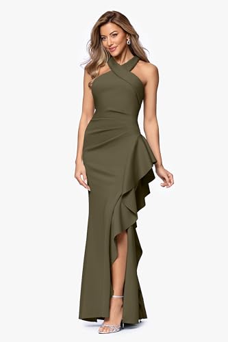 Image of Xscape Evenings Women's Long, Bodycon Low-Sheen Cross Front Halter Neck Evening Dress with Ruching & Ruffle Detail