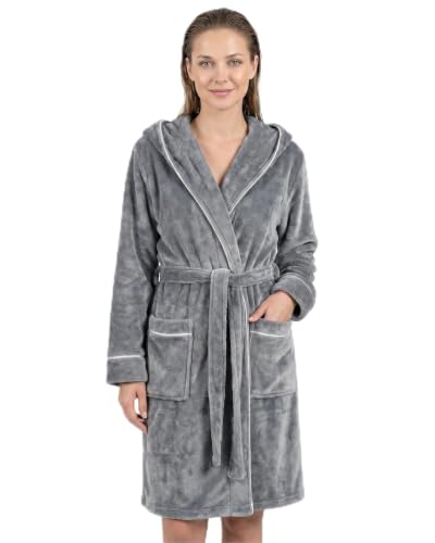 Gräfenstayn Bademantel Damen flauschig mit Kapuze - Kuschelfleece - Öko-Tex Standard 100 - Morgenmantel leicht & kurz - Größe (M, Grau)