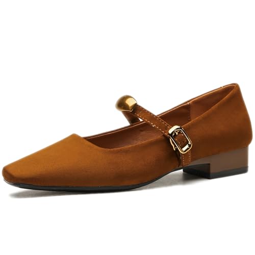 Women's Suede Square Toe Low Chunky Heel Mary Janes with Adjustable Buckle Fashion Metal Decoration Comfortable Non-Slip Slip On Pumps for Dress Party Wedding Work