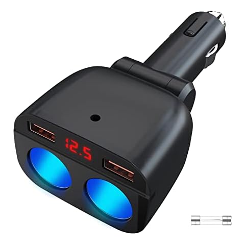 [Updated Version] USB Car Charger Cigarette Lighter Adapter Splitter, 2 Port QC 3.0 Fast Charge Dual Socket 120W Car Splitter 12/24V DC Outlet & LED Voltage Display Cover