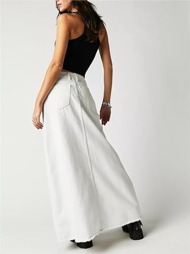 Alyweatry Women Trendy Denim Maxi Skirt High Waist A-Line Frayed Hem Loose Long Jean Skirt OOTD Streetwear4