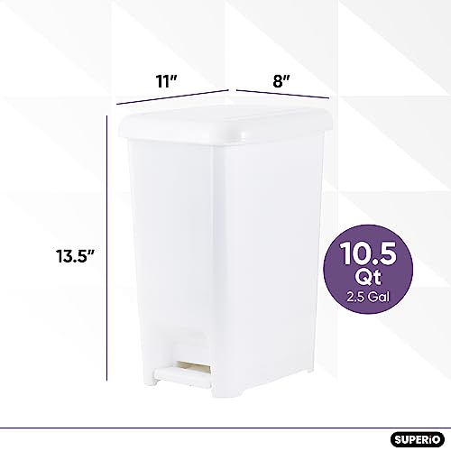 Image of Superio Slim Step On Pedal Plastic Trash Can, Waste Bin for Under Desk, Office, Bedroom, Bathroom, Kitchen (2.5 gal) (White 3 Pack)