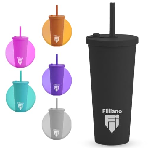 Filliano Bicchiere con cannuccia e coperchio Tumbler a doppia parete, Bicchiere per bevande 710ml Caffè, Tè, Borraccia con cannuccia , tazza con tappo , Tumbler con cannuccia