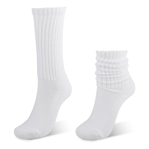 Womens White Crew Socks White Scrunch Socks Cotton Retro Casual Scrunched Tube Sock Ribbed Cozy Slouchy Sock