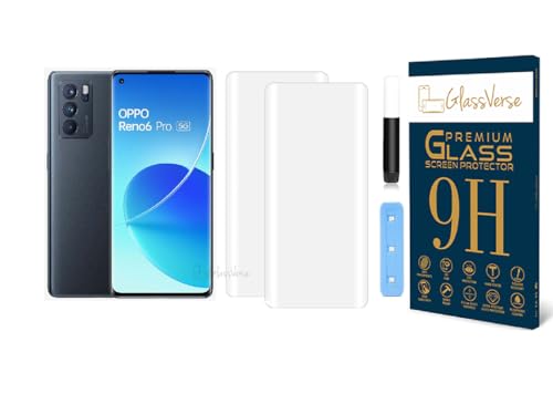 Image of GlassVerse op po Reno 6 Pro 5G UV Tempered Glass Screen Protector. Pack Of 2 | 3D Curved Edge | 9H Hardness | Full UV Glue with UV Light | Anti-Scratch | Case Friendly | HD Clear. (6.55 Inches)