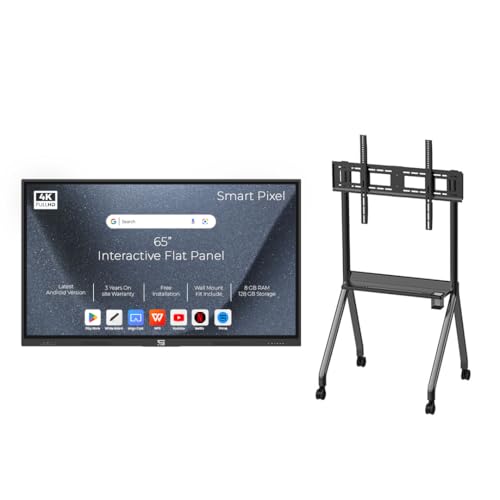 Image of 65 Inche 4K UHD Touch Screen LED TV UltraTouch Display Interactive Flat Panel with Monitor 3840x2160 Pixel 8GB 128GB with Display Stand Heavy Duty Adjustment Floor TV Trolley with Bracket.