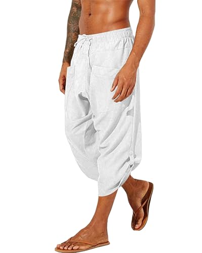 YAOHUOLE Chino Respirant Short Long Cordon Lin Pantacourt Shorts Homme Taille Elastique Blanc L