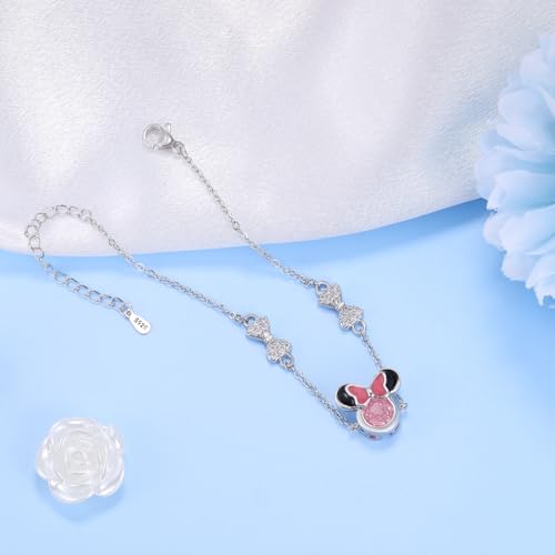 Mouse Bracelet for Teens Women - Sterling Silver Adjustable Bow Bracelet Pink Cubic Zirconia Cute Animal Chain Link Charm Bracelets Adorable Jewelry Gifts for Daughter Granddaughter3