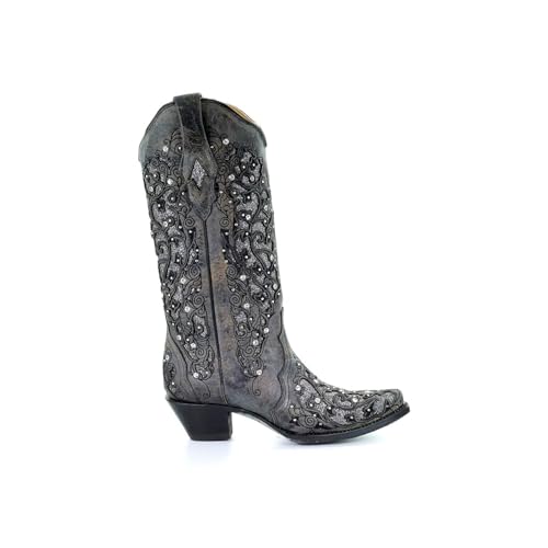 Corral Boots Women's Grey Glitter Inlay Floral Overlay with Crystals and Studs Snip Toe Grey Cowboy Boot (Grey, 9.5M US)2