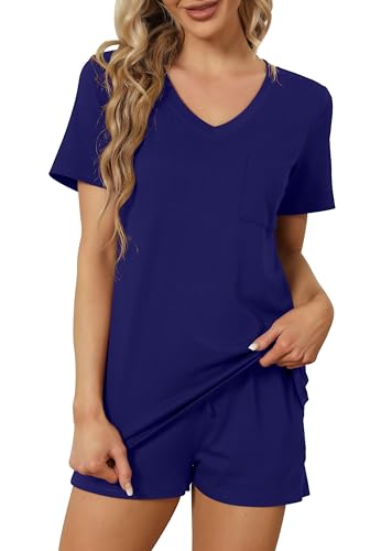 Image of RUBZOOF Women's Short Sleeve Pajama Sets with Pockets Casual V Neck 2 Piece Lounge Sets S-3XL