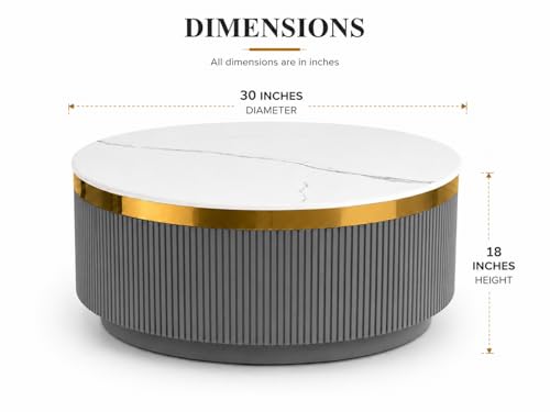 Image of Modern Round Centre Table - 76x76x46 cm | White Marble Top with Gold Accent Strip & Charcoal Louvers | Luxury Coffee & Tea Table for Living Room, Lounge & Entryway (Grey)