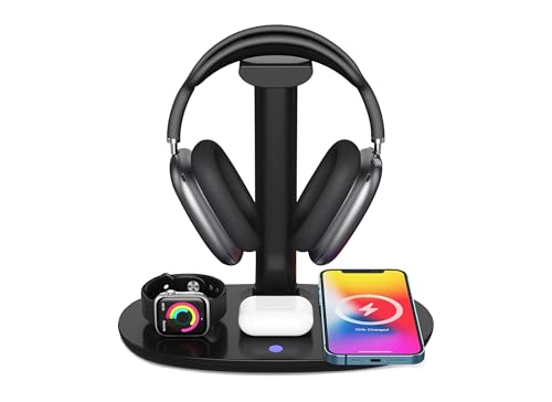 4 in 1 Headphone Stand with 15w Charger, Qi Charging Station Headset Holder, Detachable Design, Headphone Stand for Travel, Home, Hotel