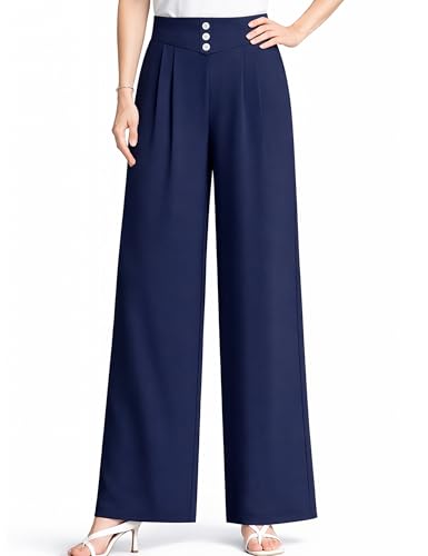 Image of Womens 2026 Spring Summer Soft Flowy High-Waist Pull-On Wide-Leg Stretch Drape Dress Pants for Senior Women Over 50