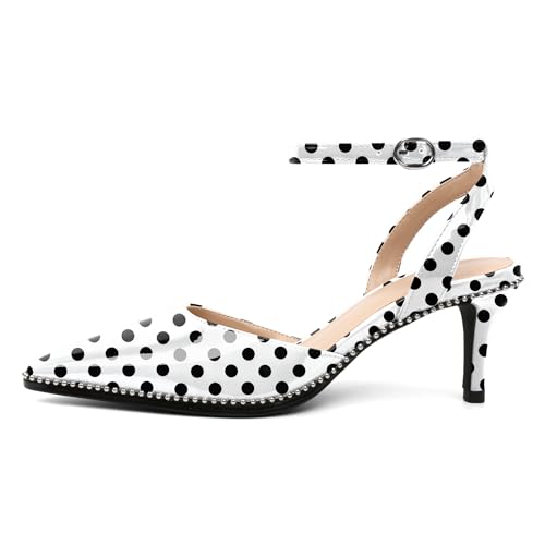 Image of SAMMITOP Kitten Heels for Women Low Heel Closed Toe Ankle Strap Pumps Wedding Party Beaded Dress Shoes 2.4 Inch