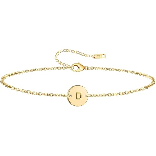 Personalized Initial Bracelet, 18K Gold Plated Stainless Steel Letter Bracelet Dainty Coin Charm Bracelet Delicate Disc Name Bracelet for Women D Gold