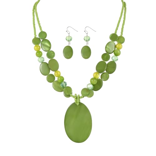 Rosslyons Big Oval Gemotric Pendant Necklace for women Double Strand Colorful Beads Statement Necklace and Earrings Set Fashion Jewelry Gifts (Green)