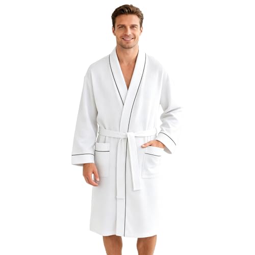 Inner Wish Mens Cotton Waffle Kimono Robe Lightweight Soft Spa Shower Bathrobe Hotel Lounge Robes for Men WHITE M
