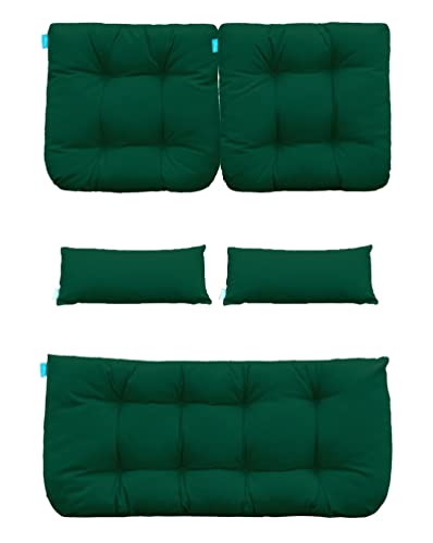 Image of QILLOWAY Outdoor Wicker Cushion Set of 5 - Waterproof Fade Resistant Patio Furniture Cushions, Loveseat 2 U-Shape 2 Lumbar Pillows for Porch, Bench, Backyard, Garden, Mallard,Forest Green