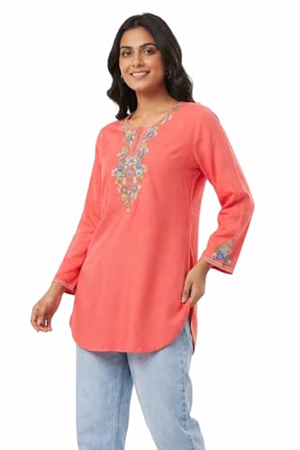 Image of HAUTEMODA Women Cotton Floral Embroidered Short Kurti, Tunic, Three-Fourth Sleeves, White