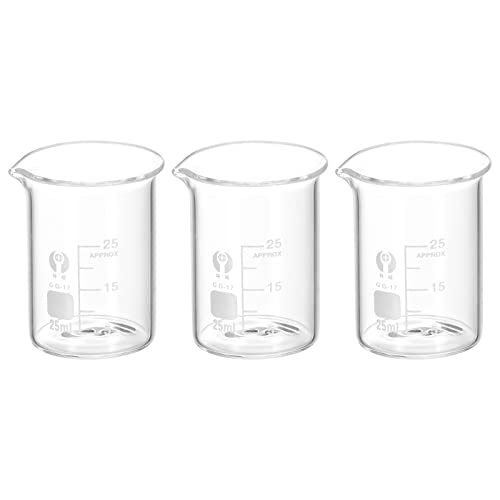 PATIKIL 3uds 25ml Bajo Forma Vidrio Precipitados Vaso, 3.3 Borosilicato Vidrio Graduado Impreso Escala Medición Vasos con Caño para Cocina Laboratorio Líquidos