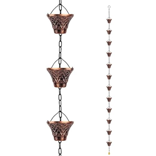 JZLEJC 8.8ft 12 Cups Metal Rain Chain for Gutters Outdoor Garden Decorative Downspout Replacement, Rain Catcher Chain