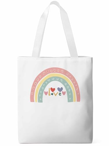 Canvas Tote Bag, Rainbow Love Heart Valentine's Day Aesthetic Canvas Tote Handbags for Women Shoulder Bag,