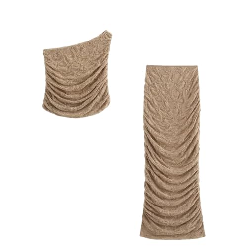 Women's Fashion Folds Casual Suit Wear Bright Chest Wrap Lace Top High Waist Midi Skirt