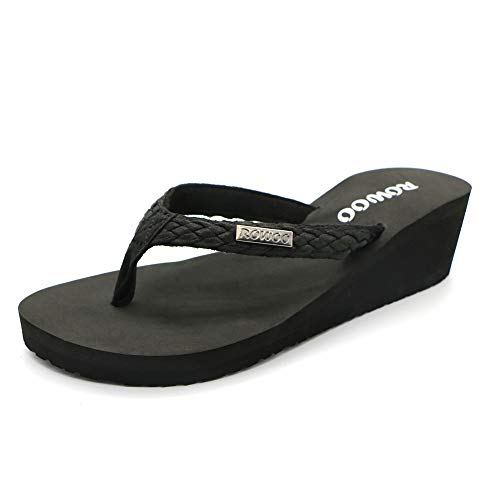 ONEHOO W823 Women Platform Wedge No-Slip Thong Flip Flops High Heels Beach Dressy Sandals (US5/EU36, Black)