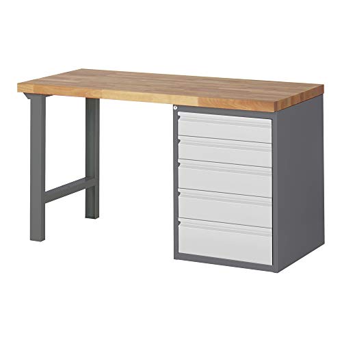 STIER Werkbank Premium, 5 Schubladen, 150x70x84 cm, aus pulverbeschichtetem Stahl und Buche, ideal für umfangreiche Montagearbeiten, vielseitig und langlebig für Werkstattbedarf
