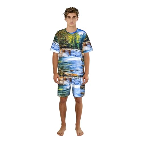 Pyjama pour hommes short et t-shirt court à poches, vêtement de nuit été aquarium