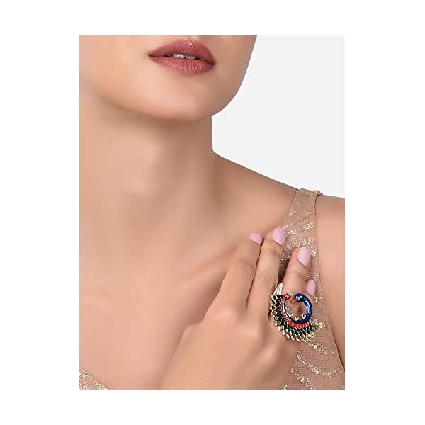 ZAVERI PEARLS Multicolor Meenakari Peacock Inspired Ethnic Adjustable Finger Ring For Women-ZPFK14429 - Image 3