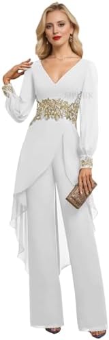 SIPUHK White Mother of The Bride Dresses Summer Embroidery Pantsuits for Wedding Guest Long Sleeve Outfits for Women US10