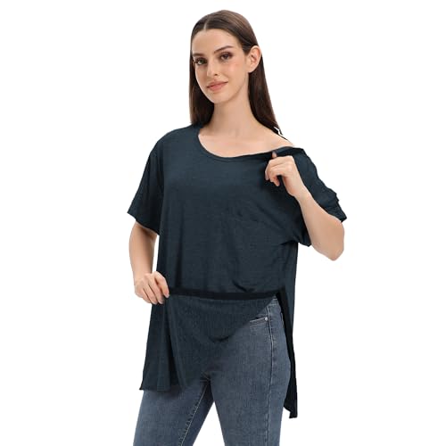 Unisex Post Shoulder Surgery Shirts for Men Rotator Cuff Chest Recovery Shirt Women Full Snap Access Dialysis Chemo Clothing Navy S