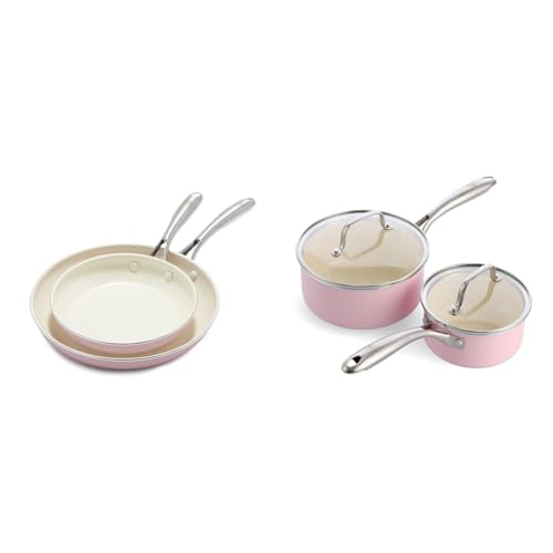 GreenLife Artizan Set de Sartenes y Cazos de Cerámica Antiadherente, Incluye Sartenes de 20cm y 26cm y Cazos de 14cm/1L y 18cm/2L con Tapas de Cristal, Sin PFAS, Inducción, Lavavajillas y Horno, Rosa
