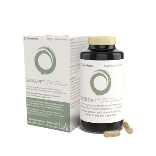 Resilovit® PrePeriod – PMS Kapseln mit Mönchspfeffer, L-Tryptophan, Kurkuma & Ginkgo – Hormonelle Balance & Wohlbefinden vor & während der Periode – Vitamine & Mineralstoffe – 60 Kapseln